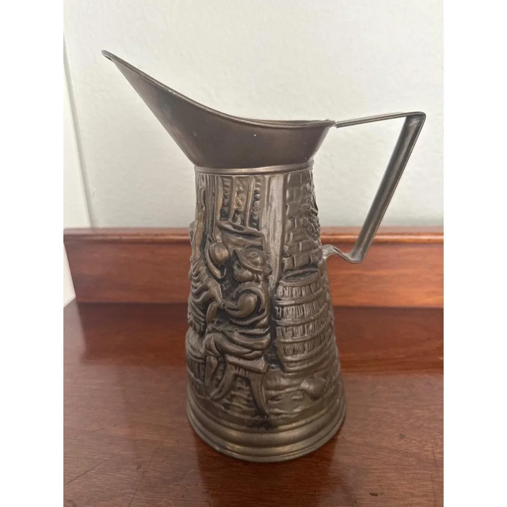 English Brass Pitcher Embossed with Pub Scene Made in England Mid Century‎ MCM